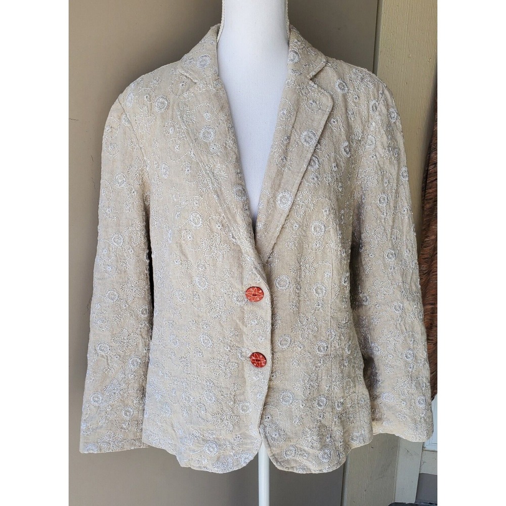 Coldwater Creek Linen Cotton Embroidered Blazer‎ Jacket Beige Floral Metallic OS